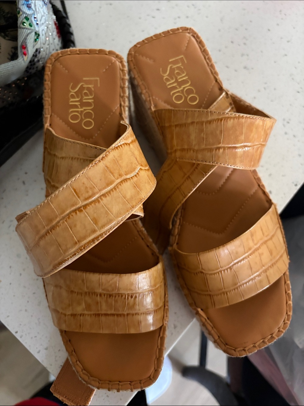 Franco Sarto Croc-Embossed Tan Slide Sandals